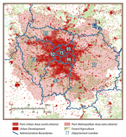 Map showing the extent of the Paris metropolitan area at the 1999 census, when it included 1,584 communes and covered 14,518 km2.