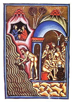 A sweat bath: illumination from Peter of Eboli, De Balneis Puteolanis ("The Baths of Pozzuoli"), written in the early 13th century
