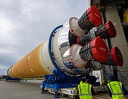 The SLS core stage rolling out of the Michoud Assembly Facility