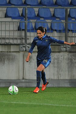 Nécib – pictured playing for France in a match against Austria in 2013 – has drawn praise in the media for her elegance on the ball, as well as her vision and passing ability.