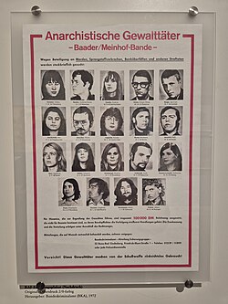 Red Army Faction public poster, 1972, issued by the Federal Criminal Office, on display at the Deutsches Museum, Munich