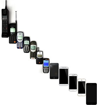 Two decades of evolution of mobile phones, from a 1992 Motorola DynaTAC 8000X to the 2014 iPhone 6 Plus