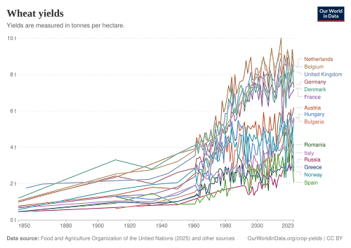 Wheat yields in Europe[163] – Breeding has increased yields over time