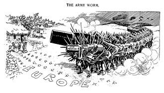 Cartoon titled "The Army Worm" in the US newspaper Chicago Daily News depicting "War Menace" threatening the people of Europe, 1914