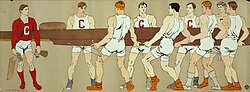 An illustration of Cornell's rowing team. Rowing is often associated with traditional upper class New England culture.