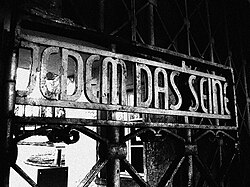 Buchenwald's main gate, with the slogan Jedem das Seine ("to each his own")