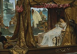 Oil painting depicting Cleopatra and a flautist aboard a ship in the foreground as two men, one of them being Mark Antony, gaze on from another ship