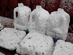 plastic milk jugs and covered trays are covered with a light dusting of snow outdoors