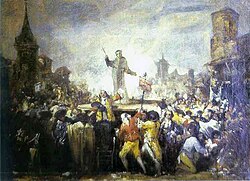 "Esquilache Riots (1766)", by Francisco Goya. The liberalization of the grain trade by Esquilache caused a sharp rise in grain prices, and in turn, riots.