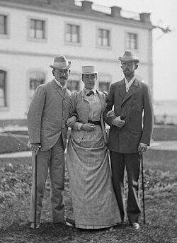 Prince Maximilian (left) with his cousin Victoria and her husband, the future King Gustaf V of Sweden, at Tullgarn Palace about 1890