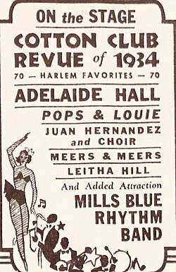 Advertisement for Hall in the Cotton Club Revue of 1934 at Loew's Metropolitan Theatre, Brooklyn, from 7 September 1934
