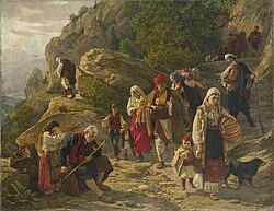 Refugees from Herzegovina, painting by Uroš Predić in 1889 made in the aftermath of the Herzegovina Uprising (1875–77)