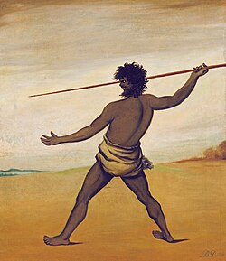 Painting of a Tasmanian Aboriginal throwing a spear, 1838