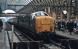 Train headed by a Class 55 'Deltic' locomotive at King's Cross platform 5 in 1978. These were the principal express locomotives on the East Coast Main Line in the 1960s and 1970s.