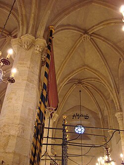 Interior of the 13th-century Old New Synagogue of Prague. Built around 1270, it is the world's oldest active synagogue.