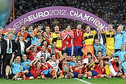 Del Bosque celebrating winning UEFA Euro 2012 with Spain