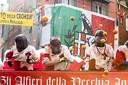 The Battle of the Oranges at the Carnival of Ivrea, in Ivrea, Italy