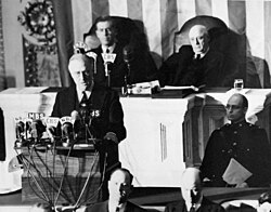 President Franklin D. Roosevelt delivering the "Infamy Speech" to Congress, requesting a declaration of war, December 8, 1941