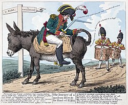 1814 English caricature of Napoleon being exiled to Elba: the ex-emperor is riding a donkey backwards while holding a broken sword.