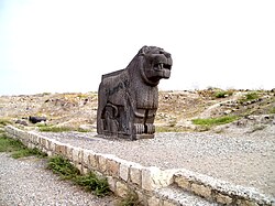 The giant basalt Lion which was stolen in December 2019 by Turkish backed Syrian rebels.