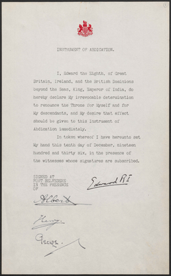 Instrument of abdication signed by Edward VIII and his three brothers, Albert, Henry and George, 10 December 1936
