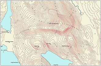 Contour map labeled aesthetically in an "elevation up" manner.