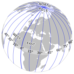 Earth with blue longitude lines and corresponding degrees.