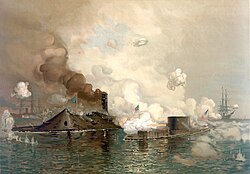 Chromolithograph depicting the Monitor and the Merrimack