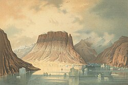 Painting (c. 1900) of the Teufelsschloss in Kaiser-Franz-Joseph-Fjord, East Greenland. The site is now part of the Northeast Greenland National Park.