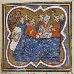 A crowned man lying on a bed covered with a blanket, with another crowned man, a bishop and other people standing neargy