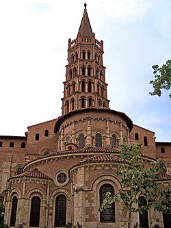 Saint-Sernin Basilica in Toulouse, displaying the typical pink brick architecture of Upper Languedoc.