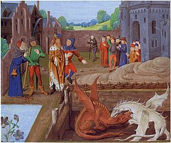 Vortigern and Ambros watch the fight between the red and white dragons: an illustration from a 15th-century manuscript of Geoffrey of Monmouth's History of the Kings of Britain.