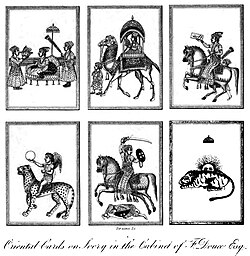 Images of cards from the collection of Francis Douce, shown by Samuel Weller Singer. The figure on horseback on the card in the top right corner appears to be holding an object marked " برات ", meaning 'bill' or 'cheque' in Persian.