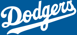 The Dodgers current script on a Dodger Blue background