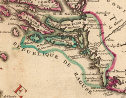 Territory of the Republic of Ragusa in the early 18th century. Cropped from a map by French cartographer Nicolas de Fer titled Le Golfe de Venise (etc.). Circa 1716.