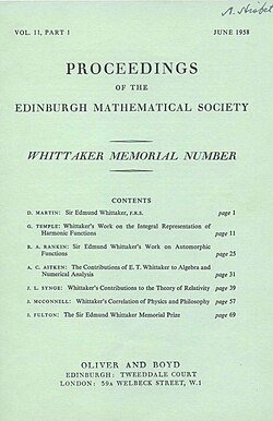 Front cover of the Whittaker Memorial Volume published in the Proceedings of the Edinburgh Mathematical Society in June 1958. The Proceedings is a delayed open-access journal, where the contents are free to read one year after publication.