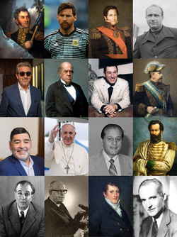 Origin of the surnames of some of the most prominent Argentines: • José de San Martín (Spanish) • Lionel Andrés Messi (Italian) • Juan Manuel de Rosas (Spanish) • Juan Manuel Fangio (Italian) • Ricardo Alberto Darín (Italian) • Domingo F. Sarmiento (Spanish) • Juan Domingo Perón (French) • Julio Argentino Roca (Spanish) • Diego Armando Maradona (Spanish) • Jorge Mario Bergoglio (Italian) • René Gerónimo Favaloro (Italian) • Martín Miguel de Güemes (Basque) • Bernardo Alberto Houssay (French) • Jorge Luis Borges (Portuguese) • Manuel Belgrano (Italian) • Luis Federico Leloir (French)