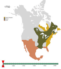 Non-native nations' control and claims over North America, c. 1750 to 2008