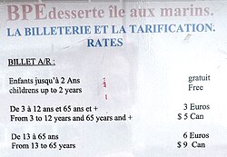 Price list for a ferry, July 2024. A 3-euro ticket may be paid with 5 CAD, 11–13% higher than at the interbank rate during that month, where 1 euro equaled between 1.47 and 1.50 CAD.
