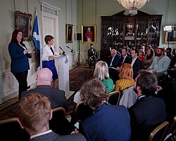 Sturgeon addresses journalists at Bute House over her plans to hold a referendum in 2023, a proposal that would fail after the Supreme Court ruled the parliament didn't have the power.