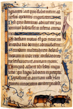 Page from a 14th-century psalter (Vulgate Ps 93:16–21), with blackletter "sine pedibus" text. Luttrell Psalter, British Library.