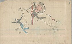 Ledger drawing of an Arapaho warrior riding down a U.S. soldier (1880)