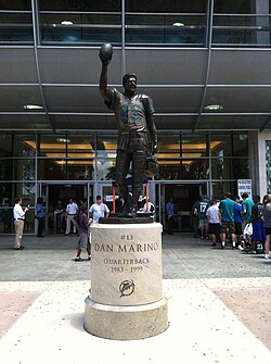 A life sized bronzed statue of Dan Marino outside of Hard Rock Stadium.