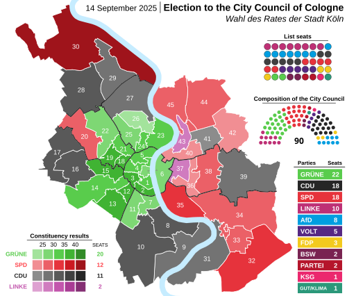 Map depicting winning party in each electoral district, shaded by share of votes. Next to map is shown legend, list seats and council composition