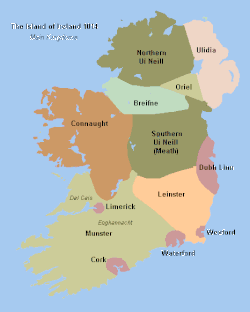 Ireland's main kingdoms as of 1014. Clockwise from the north-east they are Ulaid, Airgíalla, Mide, Laigin, Munster, Connaught, Breifne and Aileach. The city-states of Dyflin, Weisforthe, Vedrafjord, Corcach and Luimneach are shown. Missing are kingdoms of Osraighe and Uí Maine.
