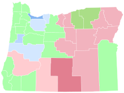 Party registration by Oregon county, February 2023 Democrat ≥ 30% Democrat ≥ 40% Democrat ≥ 50% Republican ≥ 30% Republican ≥ 40% Republican ≥ 50% Unaffiliated ≥ 30% Unaffiliated ≥ 40%