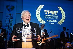 Attenborough in 2018 receiving The Perfect World Foundation Award