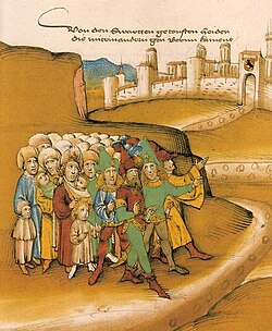 First arrival of the Romanies outside Bern in the 15th century, described by the chronicler as getoufte heiden ("baptized heathens") and wearing Saracen-style clothing and weapons.[257]