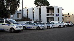New South Wales Police Force vehicles outside a police station in Eastwood, Sydney