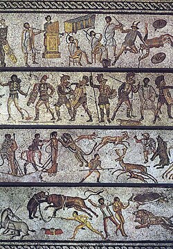 Mosaic showing Roman entertainments that would have been offered at the gladiatorial games, from the 1st century